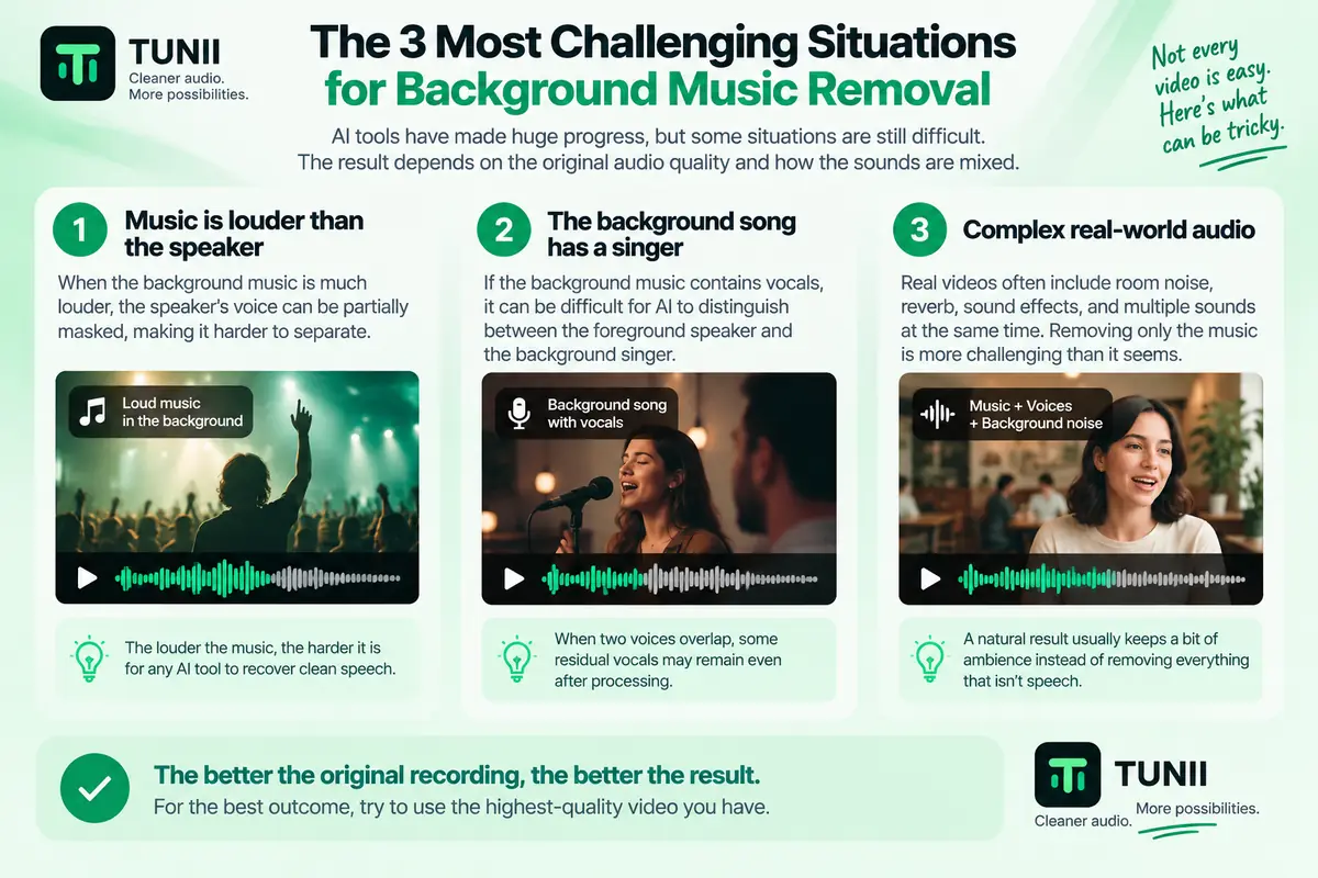 Three difficult cases for background music removal: loud music, a singer in the soundtrack, and useful ambience